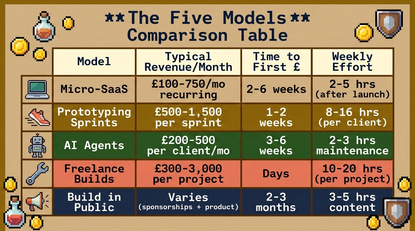 Pixel art comparison table of five vibe coding monetisation models showing revenue, time to first pound, and weekly effort
