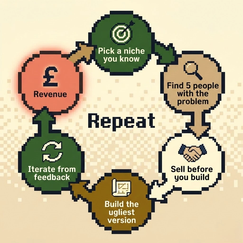 Circular flywheel diagram showing the vibe coding business cycle from niche selection to revenue